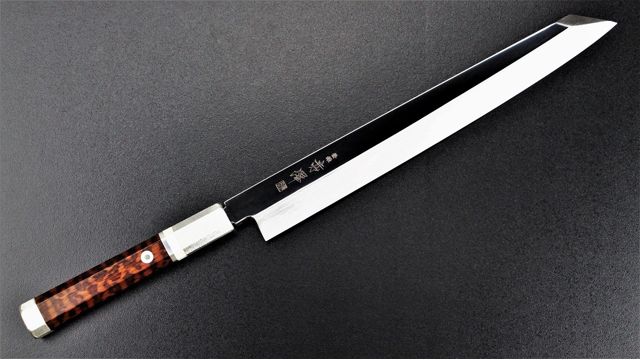Yanagi Knife 柳葉刀鋪. 赤澤ZDP-189 鏡面本燒劍型柳刃配蛇紋木柄270mm