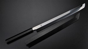 Picture of Akazawa Hokoshin (Yoshikazu-Ikeda) 3 sides Mirror Shiro-ichi-ko Mizu-Honyaki Sakimaru Free Upgrade Gokujyou Ebony Saya Cover ( Semi handmade )（Market price $138）+Triple Nickel Silver Ring Handle