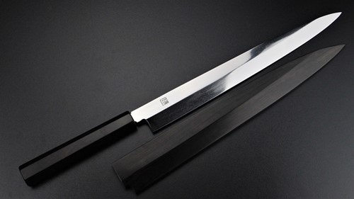 Picture of Akazawa Hokoshin (Yoshikazu-Ikeda) 3 sides Mirror Ao-ichi-ko Mizu-Honyaki Yanagi Free Upgrade Gokujyou Ebony Saya Cover ( Semi handmade )（Market price $138）+Triple Nickel Silver Ring Handle