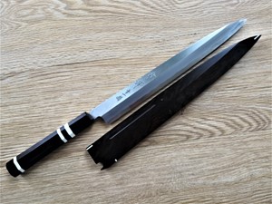 Picture of Akazawa Togashi Ao-ichi-Ko Hongasumi Yanagi 270mm Free upgrade Gokujyou Ebony Saya Cover  ( Semi handmade )（Market price $138）+Ebony Triple White Ring