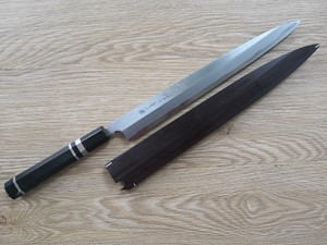 Picture of Akazawa Togashi Ao-ichi-Ko Hongasumi Yanagi 240mm Free upgrade Gokujyou Ebony Saya Cover  ( Semi handmade )（Market price $138）+Ebony Handle With Three Silver Ring(Market price $114)