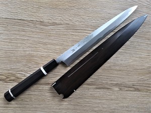Show details for Akazawa Togashi Ao-Ko Hongasumi Yanagi 240mm Free upgrade Gokujyou Ebony Saya Cover ( Semi handmade )(Market price $138)+ Ebony Handle With Two Silver Rings Picture of Akazawa Togashi Ao-Ko Hongasumi Yanagi 240mm Free upgrade Gokujyou Ebony Saya Cover ( Semi handmade )(Market price $138)+ Ebony Handle With Two Silver Rings