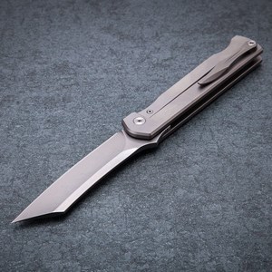 Picture of KATSU Camping Pocket Folding Japanese Knife, Titanium & Carbon Fiber Handle, Frame Lock, Stonewashed Cleaver Razor Blade, Leather Sheath