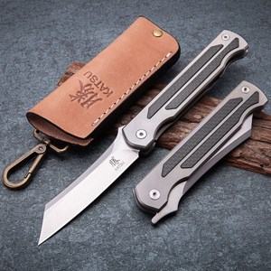 Picture of KATSU Camping Pocket Folding Japanese Knife, Titanium & Carbon Fiber Handle, Frame Lock, Stonewashed Cleaver Razor Blade, Leather Sheath