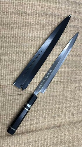 图片 赤澤 青一鋼 本霞 柳刃 中川作 配極上黑檀木刀鞘